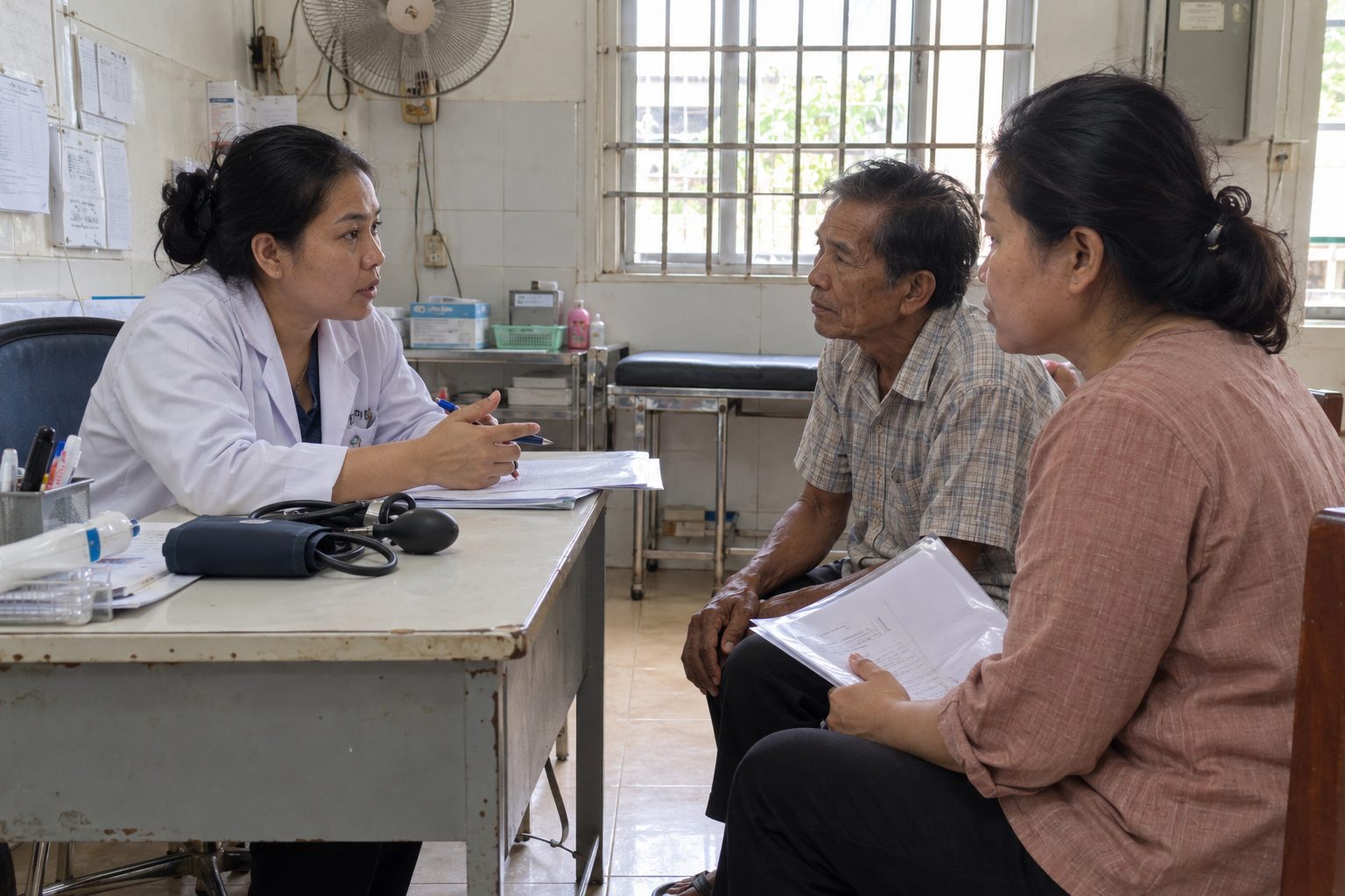 A doctor talks with an elderly man and his daughter across a desk in a small clinic in Phnom Penh.