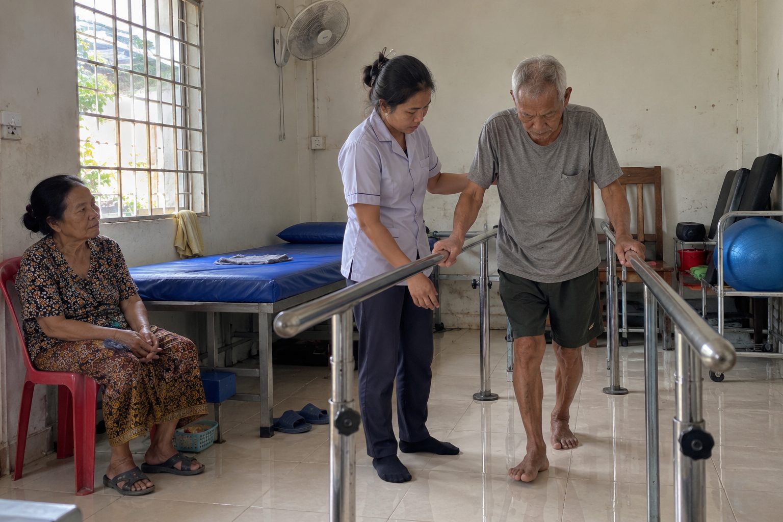 A physiotherapist helps an elderly man practise walking between parallel bars in a small clinic.