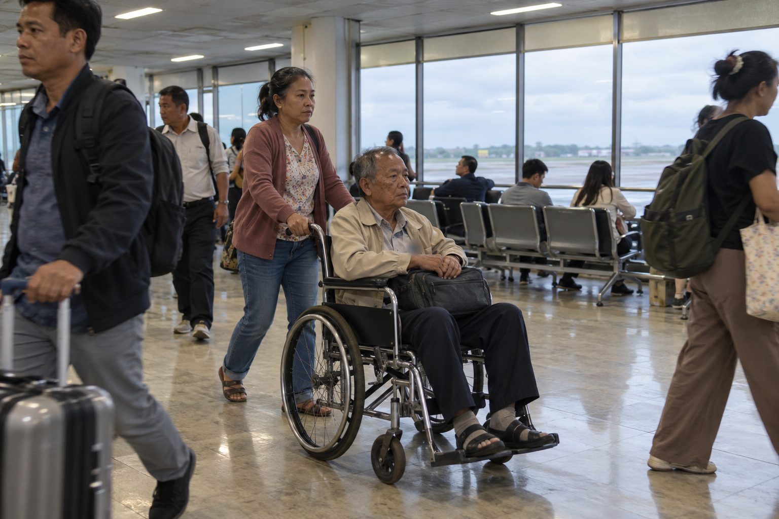 A daughter pushes her father in an airport wheelchair through a terminal.